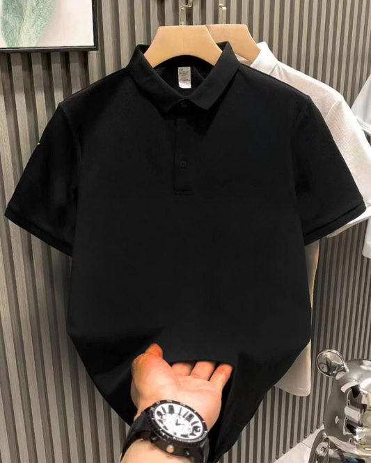 Erkek Yakalı Pike Kumaş Tişort  Düğmeli Düz kısa kol T-Shirt  - Siyah