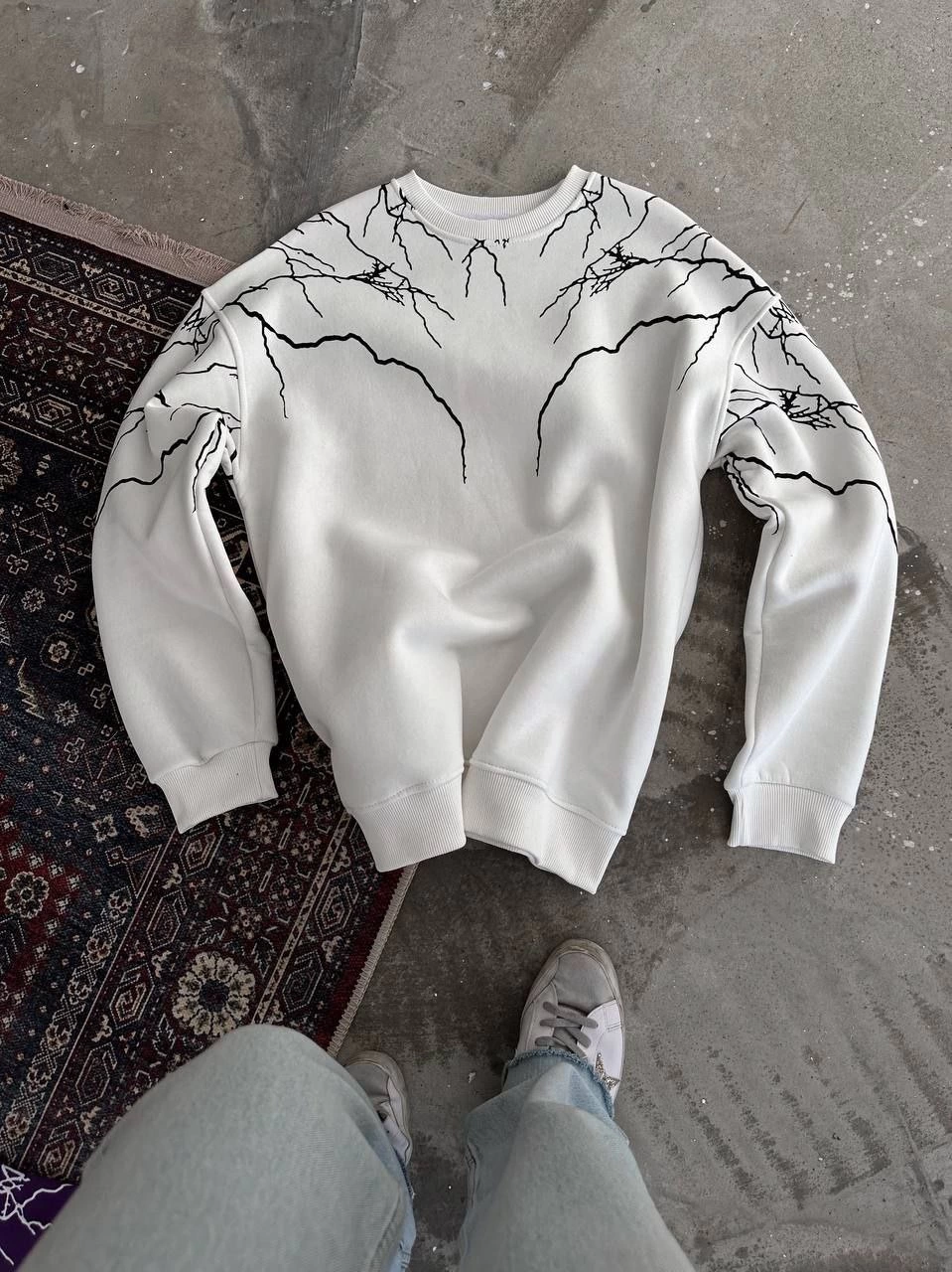 Kadın  üç iplik pamuklu  Yıldırım Baskılı Bisiklet Yaka SweatShirt - Beyaz