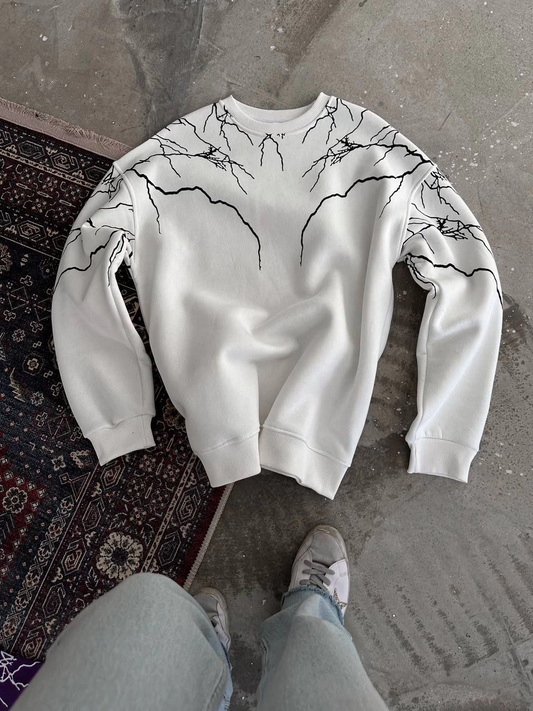 Kadın  üç iplik pamuklu  Yıldırım Baskılı Bisiklet Yaka SweatShirt - Beyaz