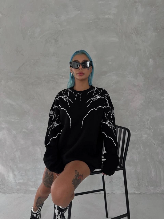 Kadın Yıldırım Baskılı Bisiklet Yaka üç iplik pamuklu  SweatShirt - Siyah