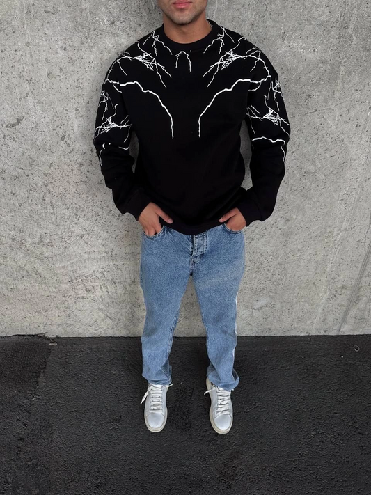 Erkek üç iplik pamuklu Yıldırım Baskılı Bisiklet Yaka SweatShirt - Siyah